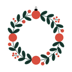 Minimalist christmas wreath with thin green leaves and red berries vector illustration, elegant xmas holiday design