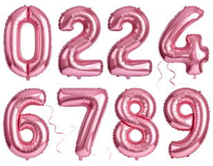 Pink foil number balloons (0, 2, 4, 6, 7, 8, 9) against a black backdrop, some with curly ribbons