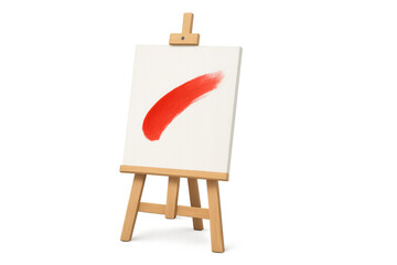 Wooden artist easel with white canvas showing red paint stroke for creativity, art, and inspiration concepts