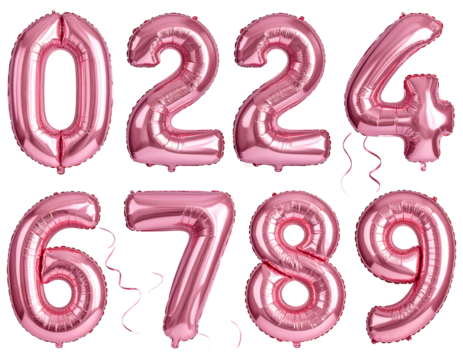 Pink foil number balloons (0, 2, 4, 6, 7, 8, 9) against a black backdrop, some with curly ribbons