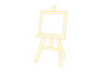 Easel icon with blank canvas on stand, glowing yellow neon outline on transparent background
