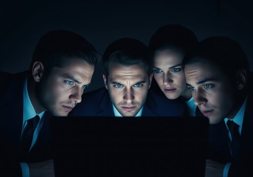 Intense business team focused on glowing laptop screen in dark office