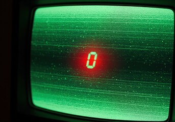 Flickering red digital zero on vintage green monochrome CRT monitor screen