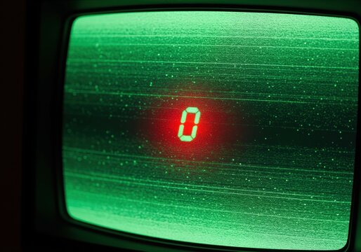 Flickering red digital zero on vintage green monochrome CRT monitor screen