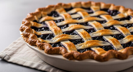Homemade blueberry pie with a lattice crust, perfect for Thanksgiving, summer picnics, or a sweet treat. Delicious dessert, ideal for baking recipes.