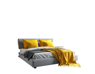 Soft bed with yellow pillows and throw, against a dark backdrop. Comfortable and inviting bedroom scene