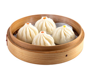 Steaming dumplings neatly arranged in a round bamboo steamer on a black backdrop, ready to be savored