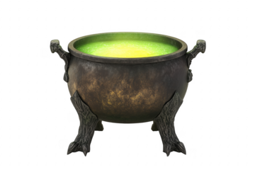 Aged cauldron bubbling green potion isolated on a transparent background