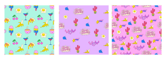 Retro happy cool sticker 90s cartoon seamless pattern. Vintage comic sticker retro trendy boundless background. Playful old school groovy quote vector endless design for print textile wrapper template