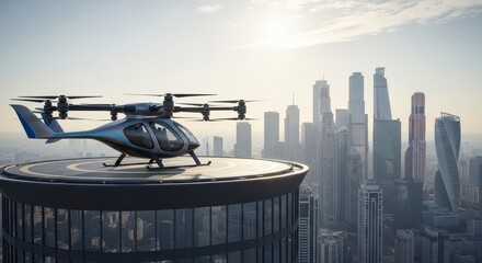 A futuristic air taxi on a rooftop helipad with a city skyline in the background on a bright day