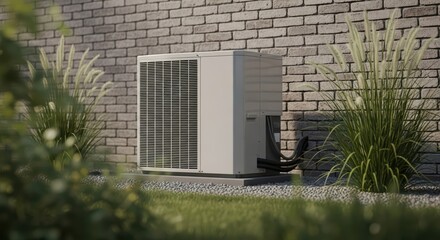 A white air conditioning unit sits outside a brick building with green plants around it outside
