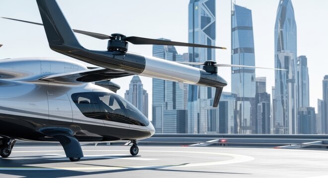 A silver and black evtol aircraft sitting on a helipad with a city skyline in the background view