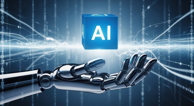 A robotic hand holding a glowing blue cube with ai on it against a digital background with binary code