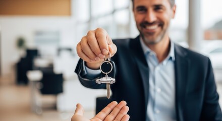 Man in suit hands over car keys with car keychain in dealership with blurred background smiling happily