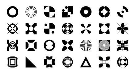 A collection of 30 unique black and white abstract geometric shapes and patterns.