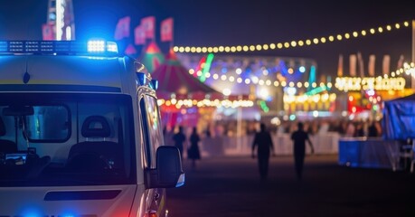 Ambulance with flashing lights at an outdoor event with blurred people and carnival lights at night scene
