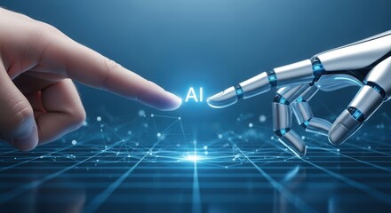 A human finger and a robot hand touching over a glowing network with the word ai in the center