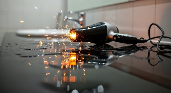 A hair dryer sparking on a wet countertop near a sink in a brightly lit bathroom environment scene