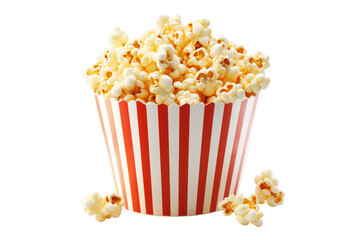 Red striped bucket overflowing with popcorn isolated on a transparent background