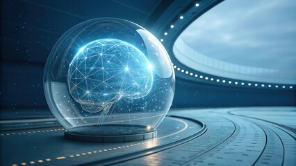 A luminous digital brain representing an advanced AI core glows within a transparent sphere in a futuristic setting