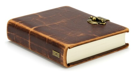 Sturdy brown leather bound journal secured with an antique metal clasp rests on a white background