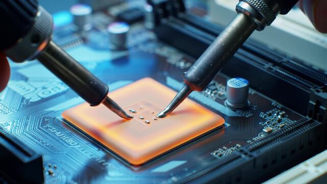 Close Up Shot of Soldering Iron Touching a Microprocessor in Blue Light
