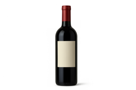 Red wine bottle with blank label, isolated on transparent background, ready for custom branding design mockup