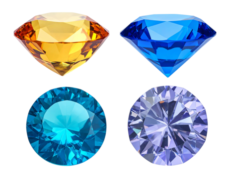 Four faceted gems sparkle, orange, blue, and teal against a black background. High resolution digital illustration - Powered by Adobe