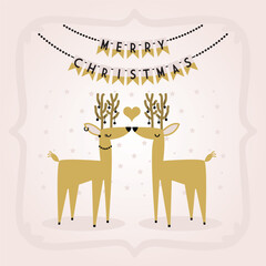 Abstract two cute golden reindeer kissing under hanging Merry Christmas banners and buntings inside a border on pink gradient background