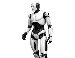 Sleek, white humanoid robot stands poised, featuring contrasting black accents, against a dark background in a left-angled perspective