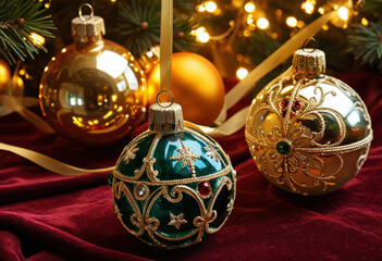Close-up of vintage glass Christmas tree ornaments with gold and gemstone inlay