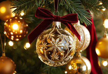 Close-up of vintage glass Christmas ornaments on a velvet ribbon, warm golden light