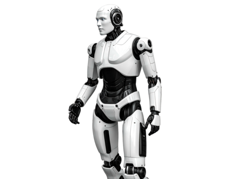 Sleek, white humanoid robot stands poised, featuring contrasting black accents, against a dark background in a left-angled perspective