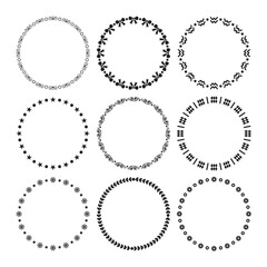 Black assorted blank round repeat pattern borders emblems icons design elements set on white background