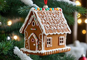 Christmas ornament shaped like a gingerbread house with icing details, macro view
