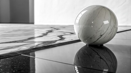 A polished marble sphere with grey veins resting on a reflective floor