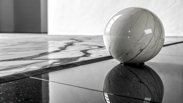 A polished marble sphere with grey veins resting on a reflective floor