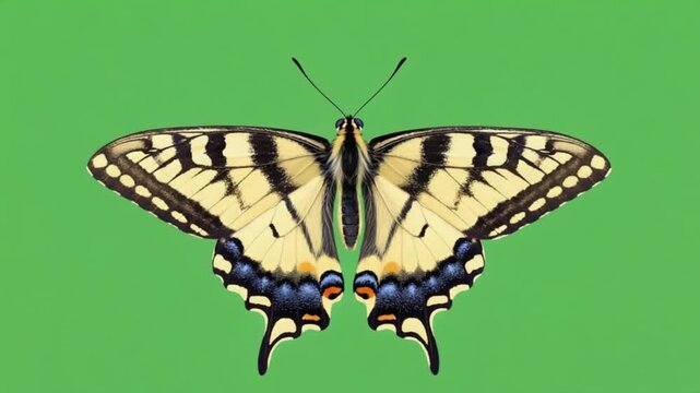 Isolated eastern tiger swallowtail butterfly on a green background with wings spread wide open butterfly green screen video