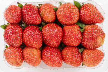 Fresh red strawberries fill a clear plastic container showing overhead view of summer berries.