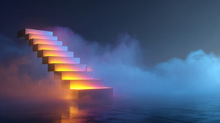 An abstract ladder of glowing steps ascends into soft fog, emitting luminous light and depth, creating a surreal, ethereal pathway toward an unknown horizon.
