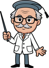 Cartoon old professor, funny teacher character, scientist with pointer, smart elderly man in lab coat, academic mascot, education concept, vector illustration
