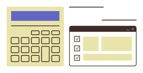 Calculator with a numeric keypad and browser window with checkboxes and sections. Ideal for productivity, finance, planning, organization, workflow, task management, simple flat metaphor