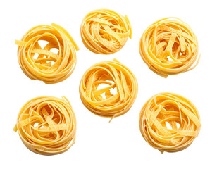 Six pasta nests arranged atop a black backdrop, displaying textures and circular forms of golden-yellow strands