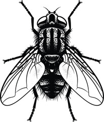 Realistic black fly insect silhouette vector illustration, detailed pest design with wings for biology, entomology, science education, and nature graphic projects