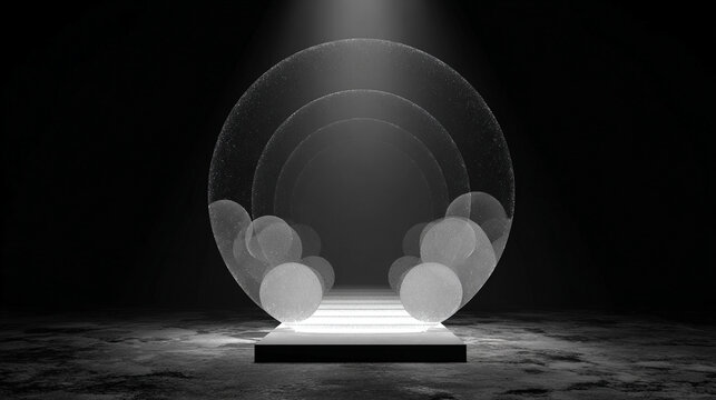 A transparent digital interface emits softly glowing orb shapes, blending technology and minimalism in a serene, futuristic composition of light and clarity.