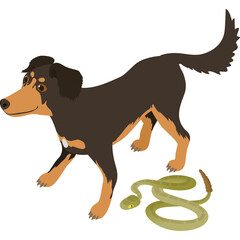 A brown and black dog with a white collar stands next to a coiled green snake on a transparent background, digital art illustration