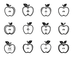 A pattern of twelve stylized, halved apple illustrations with stems and leaves against a solid black background