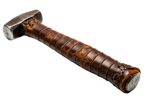 Hand forged hammer with leather-wrapped handle on a transparent background