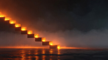 An abstract ladder of glowing steps ascends into soft fog, emitting luminous light and depth, creating a surreal, ethereal pathway toward an unknown horizon.
