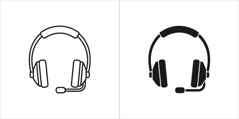 Obraz premium Line art and solid black icon of a headset with microphone